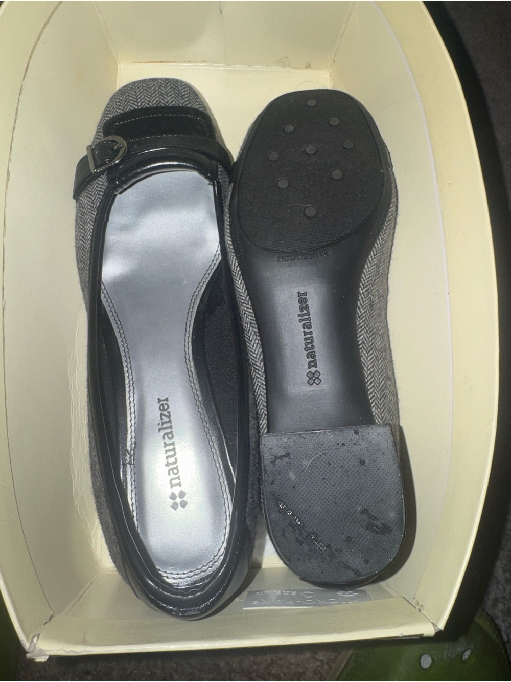 Naturalizer Gray Herringbone Mary Jane Loafers with Black Trim